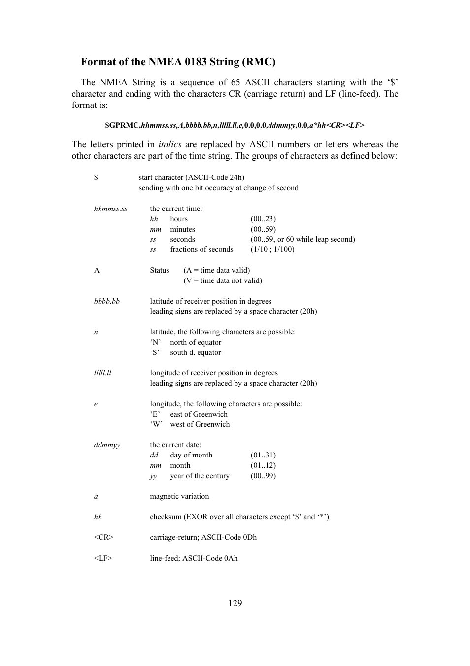 Format of the nmea 0183 string (rmc) | Meinberg SHSPZF LANTIME User Manual | Page 129 / 153