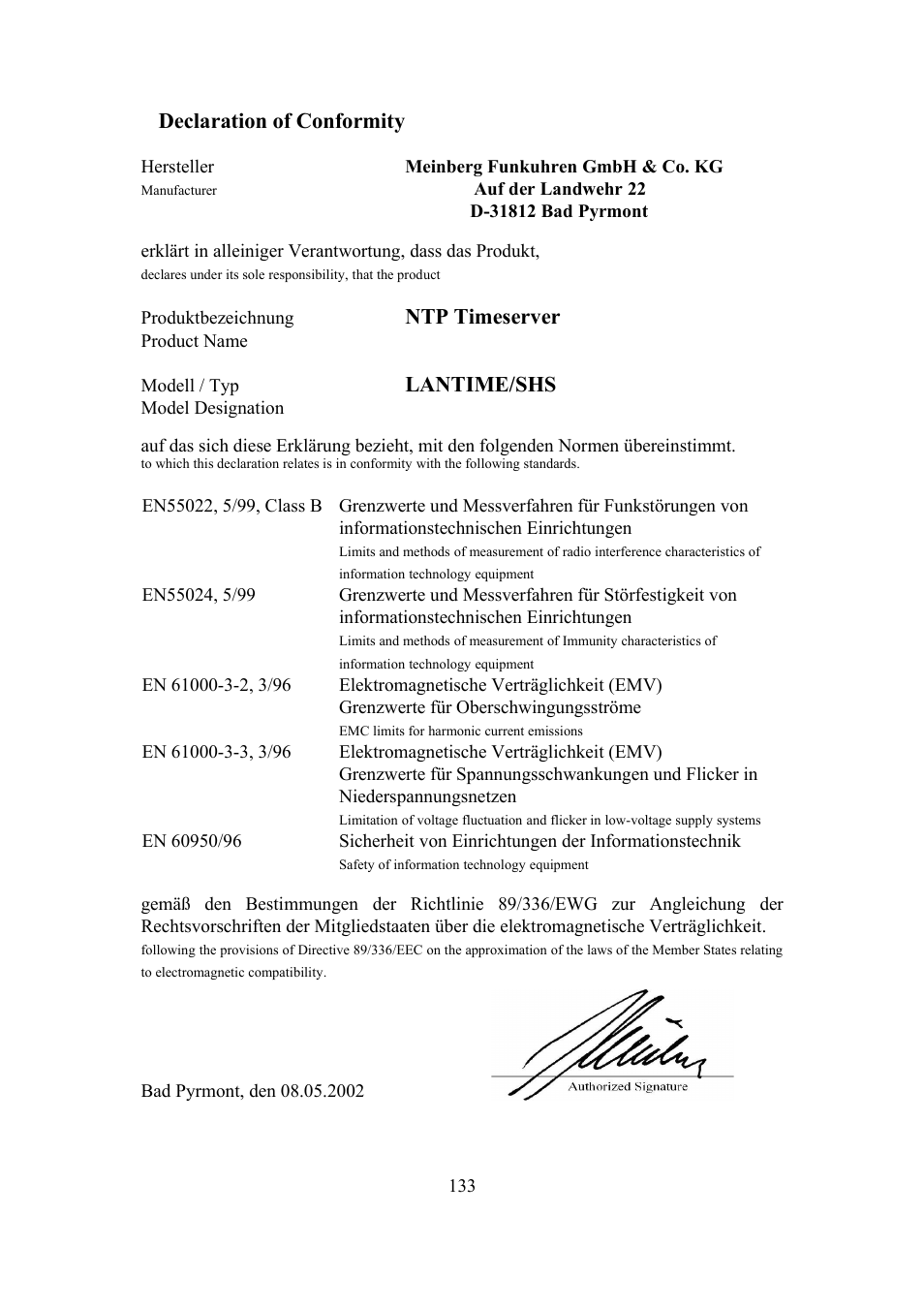 Declaration of conformity, Ntp timeserver, Lantime/shs | Meinberg SHSPZF LANTIME User Manual | Page 133 / 153