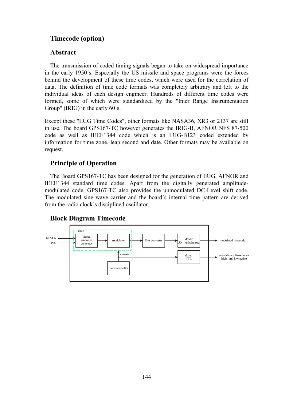 Timecode (option) abstract, Principle of operation, Block diagram timecode | Meinberg SHSPZF LANTIME User Manual | Page 144 / 153