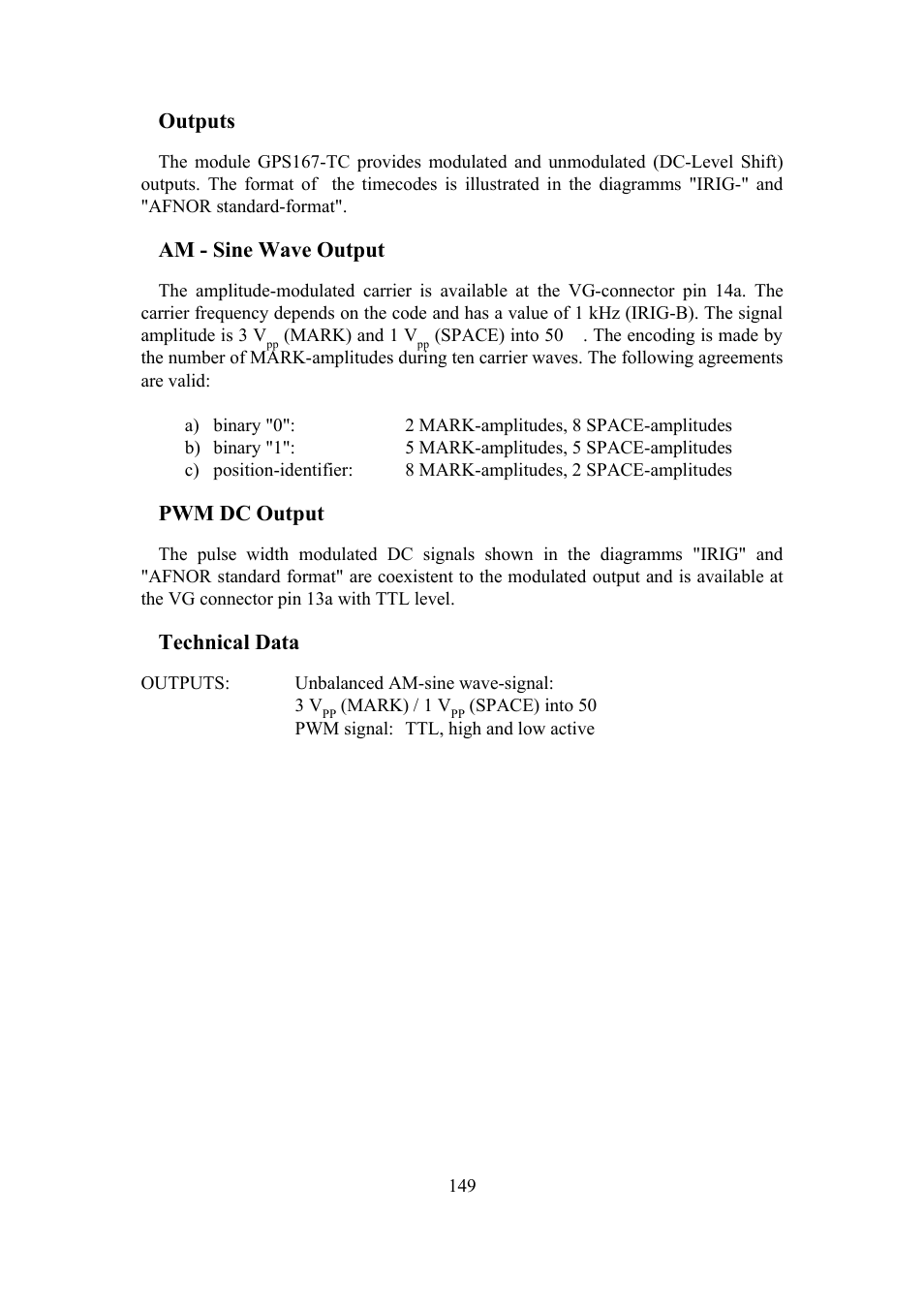 Outputs, Am - sine wave output, Pwm dc output | Technical data | Meinberg SHSPZF LANTIME User Manual | Page 149 / 153