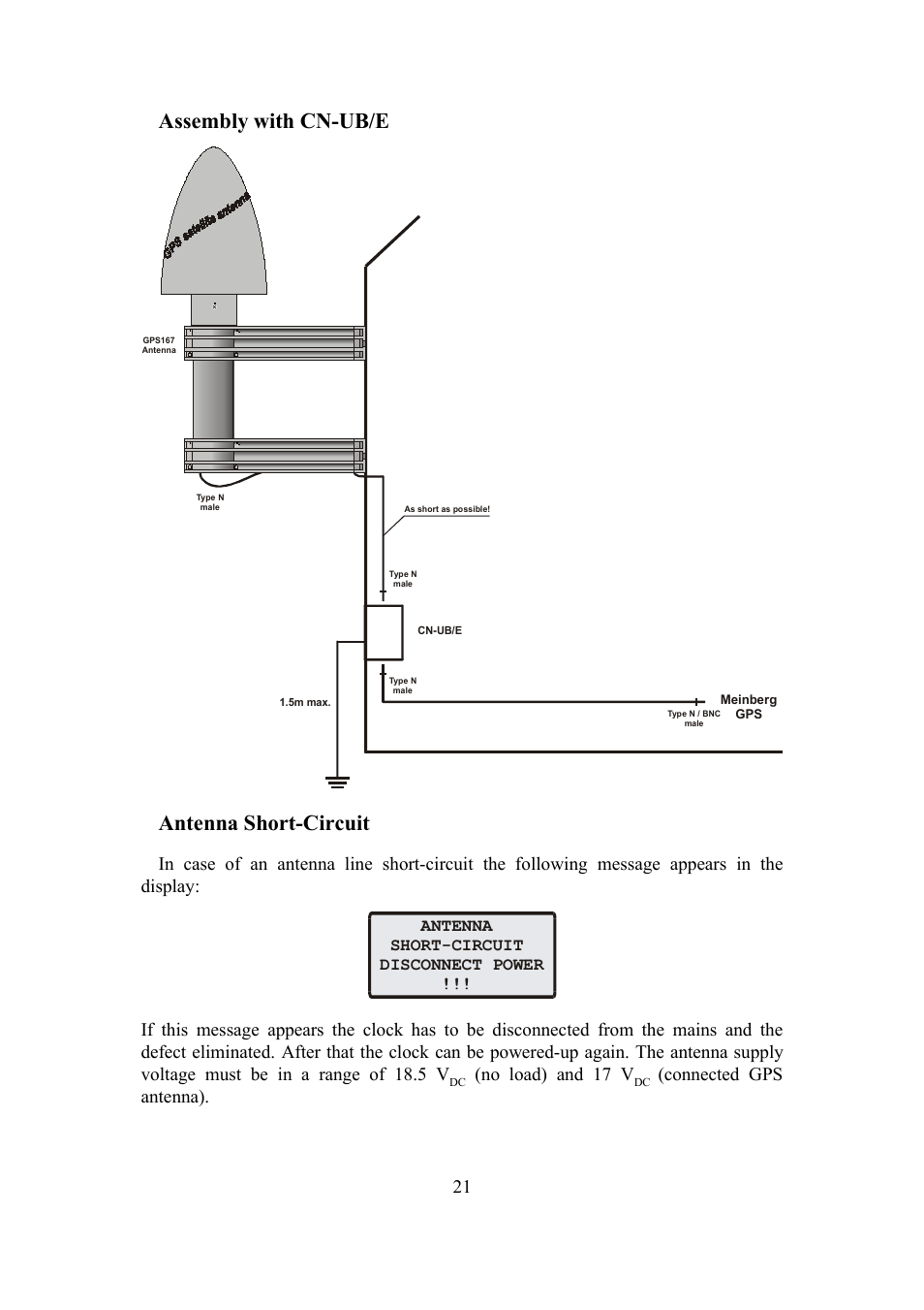 Assembly with cn-ub/e, Antenna short-circuit, No load) and 17 v | Connected gps antenna). 21, Antenna short-circuit disconnect power | Meinberg SHSPZF LANTIME User Manual | Page 21 / 153