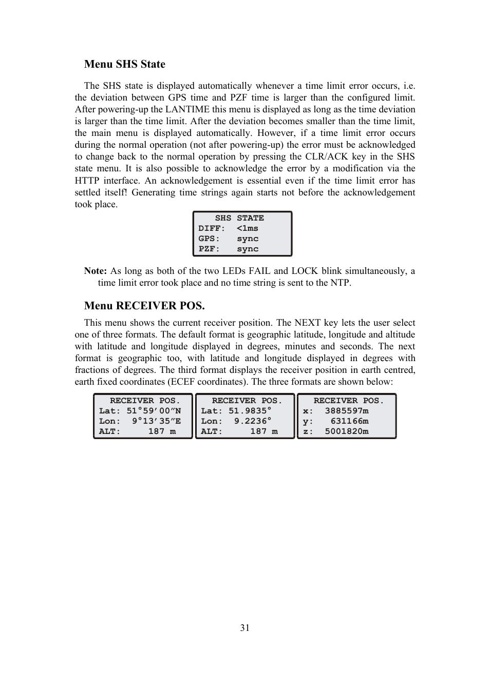 Menu shs state, Menu receiver pos | Meinberg SHSPZF LANTIME User Manual | Page 31 / 153