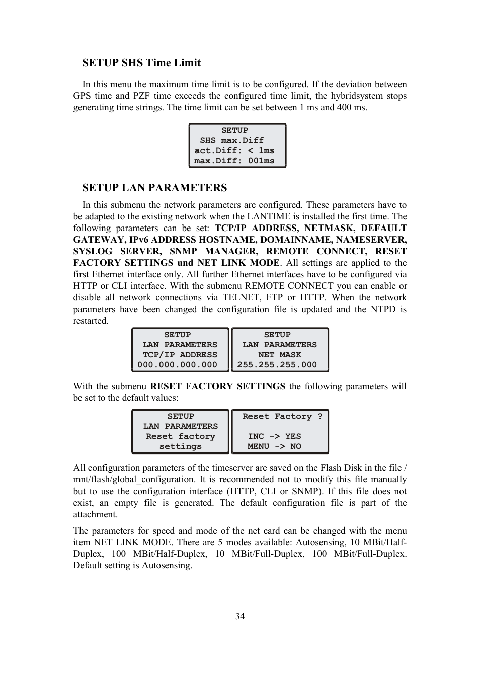 Setup shs time limit, Setup lan parameters | Meinberg SHSPZF LANTIME User Manual | Page 34 / 153