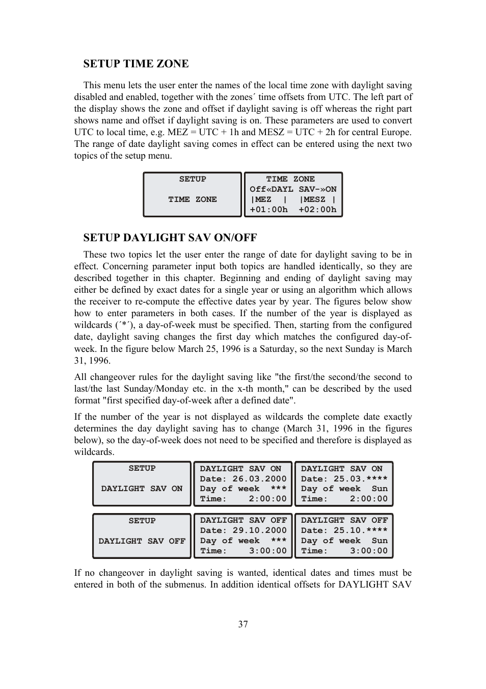 Setup time zone, Setup daylight sav on/off | Meinberg SHSPZF LANTIME User Manual | Page 37 / 153