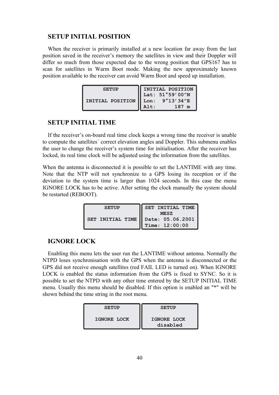 Setup initial position, Setup initial time, Ignore lock | Meinberg SHSPZF LANTIME User Manual | Page 40 / 153