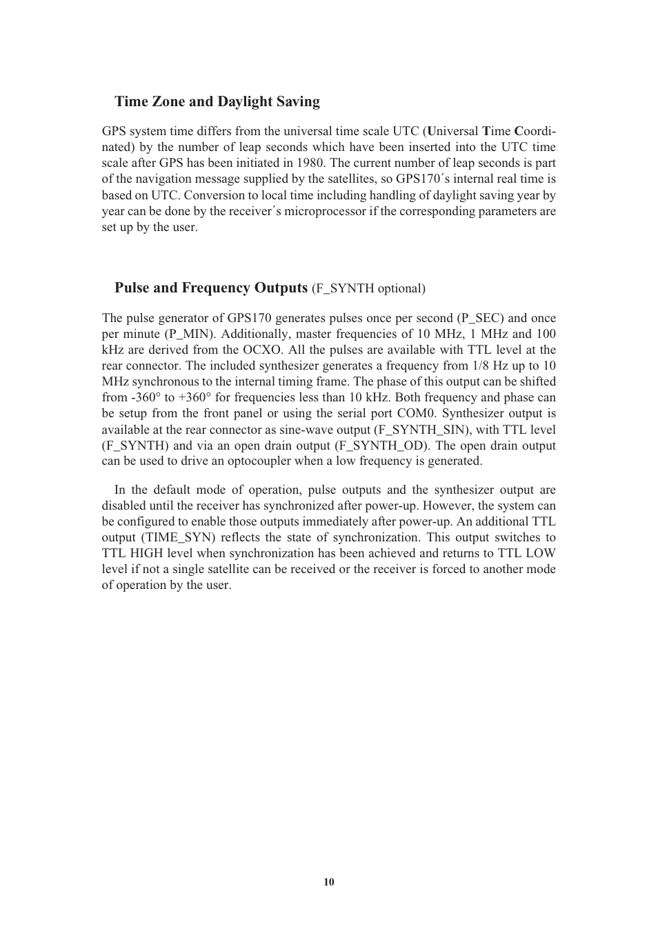 Time zone and daylight saving, Pulse and frequency outputs (f_synth optional) | Meinberg GPS170LCD-MP User Manual | Page 10 / 68