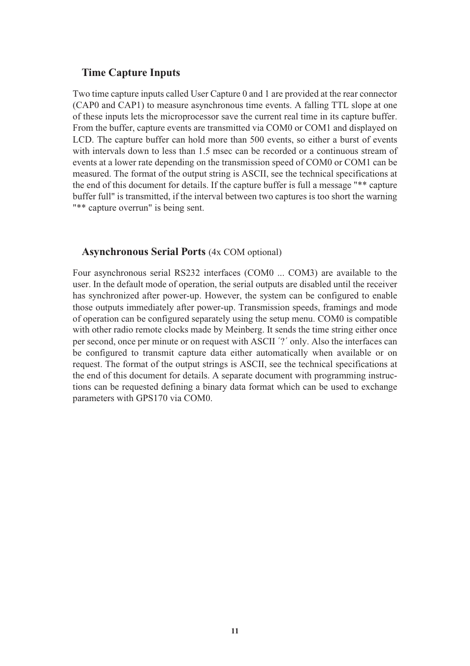 Time capture inputs, Asynchronous serial ports (4x com optional) | Meinberg GPS170LCD-MP User Manual | Page 11 / 68