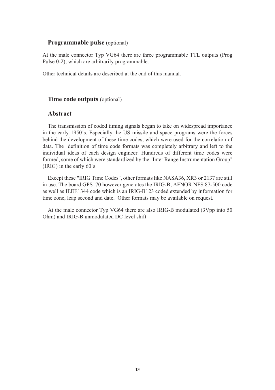 Programmable pulse (optional), Time code outputs (optional), Abstract | Meinberg GPS170LCD-MP User Manual | Page 13 / 68