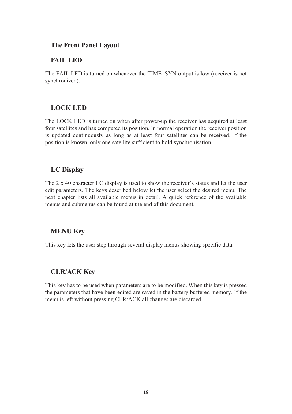 The front panel layout, Fail led, Lock led | Lc display, Menu key, Clr/ack key | Meinberg GPS170LCD-MP User Manual | Page 18 / 68