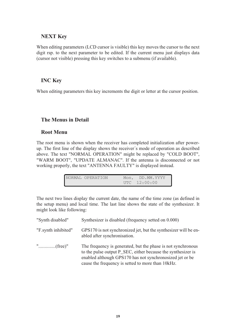 Next key, Inc key, The menus in detail | Root menu | Meinberg GPS170LCD-MP User Manual | Page 19 / 68