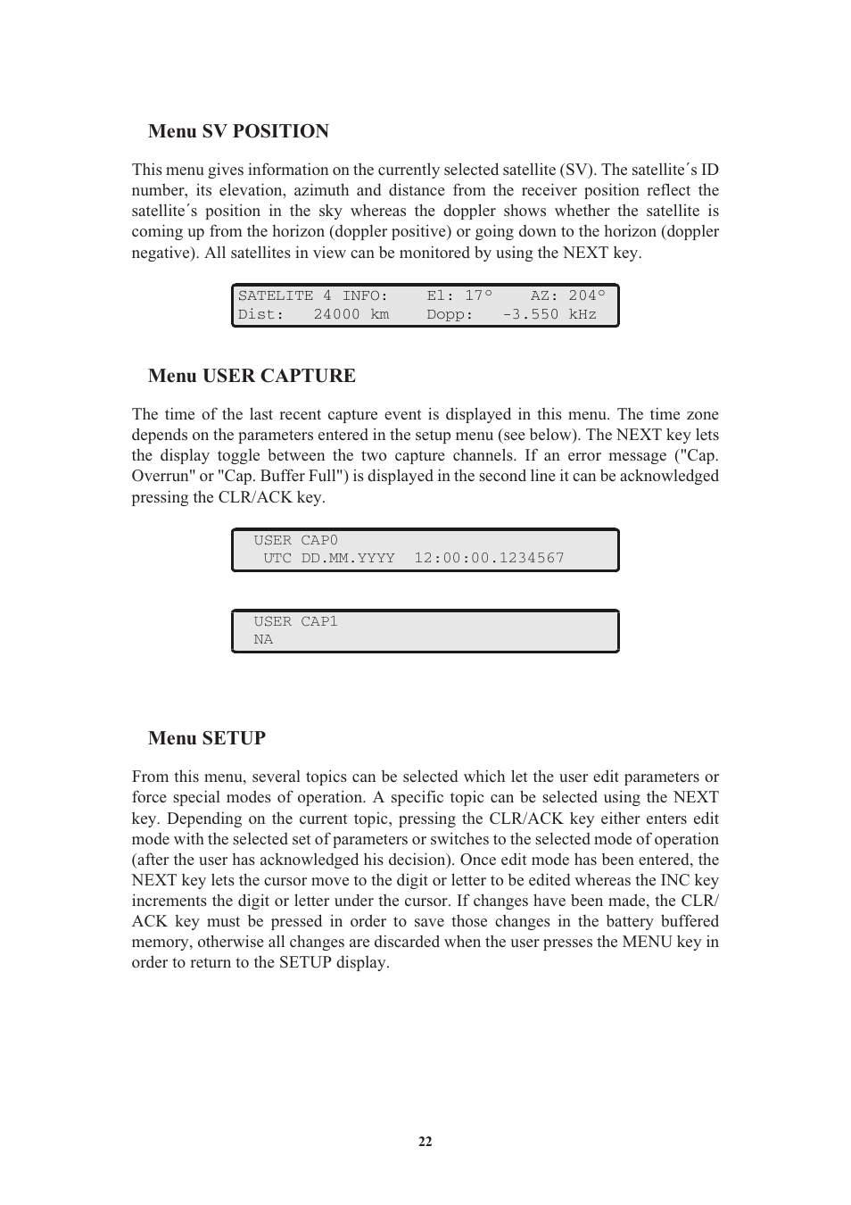 Menu sv position, Menu user capture, Menu setup | Meinberg GPS170LCD-MP User Manual | Page 22 / 68
