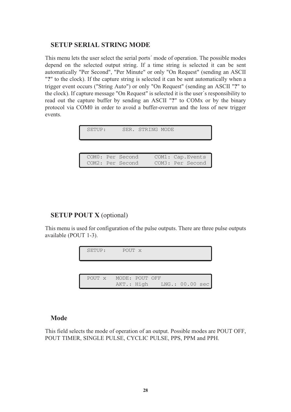 Setup serial string mode, Setup pout x (optional), Mode | Meinberg GPS170LCD-MP User Manual | Page 28 / 68