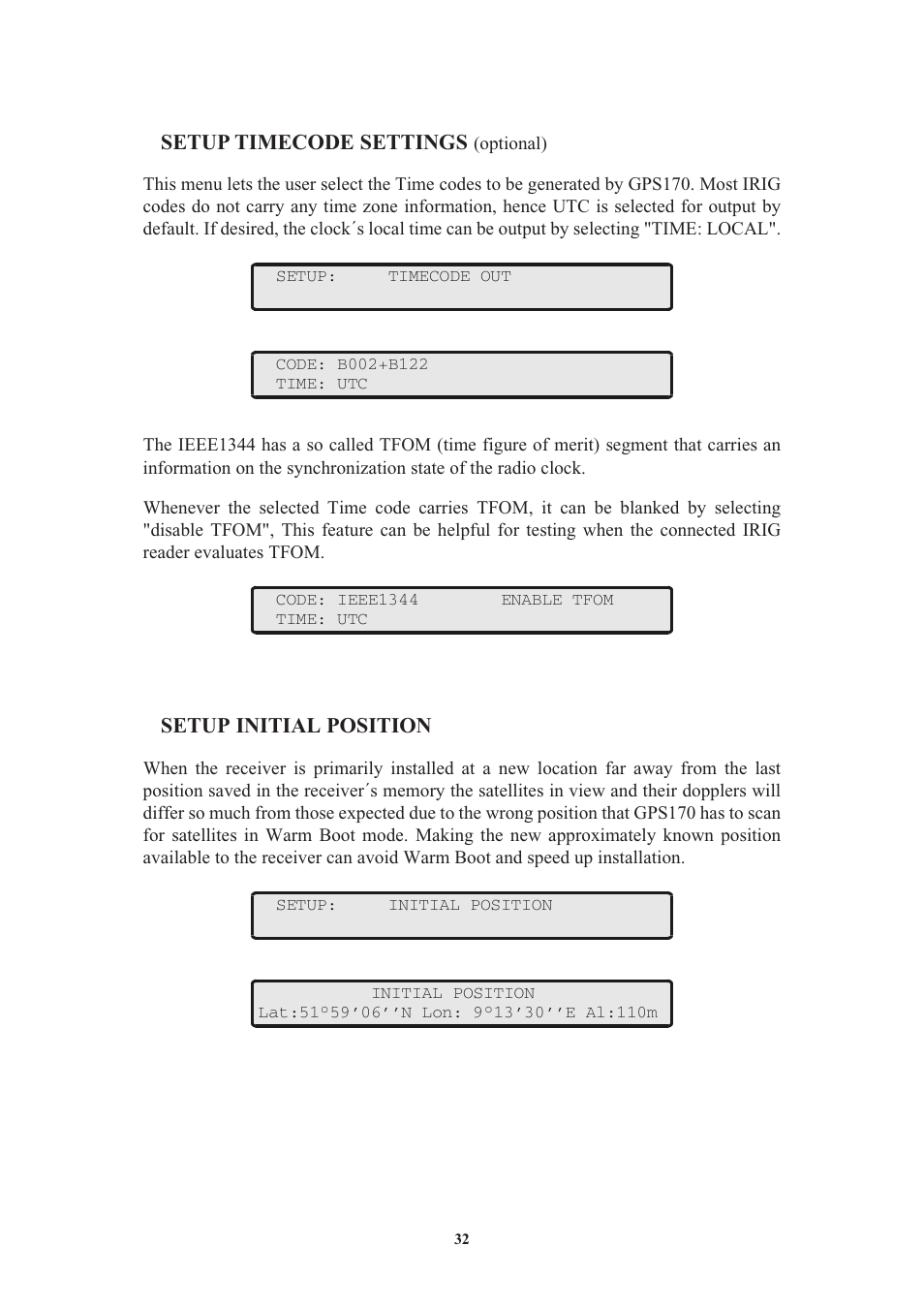Setup timecode settings (optional), Setup initial position, Setup timecode settings | Meinberg GPS170LCD-MP User Manual | Page 32 / 68