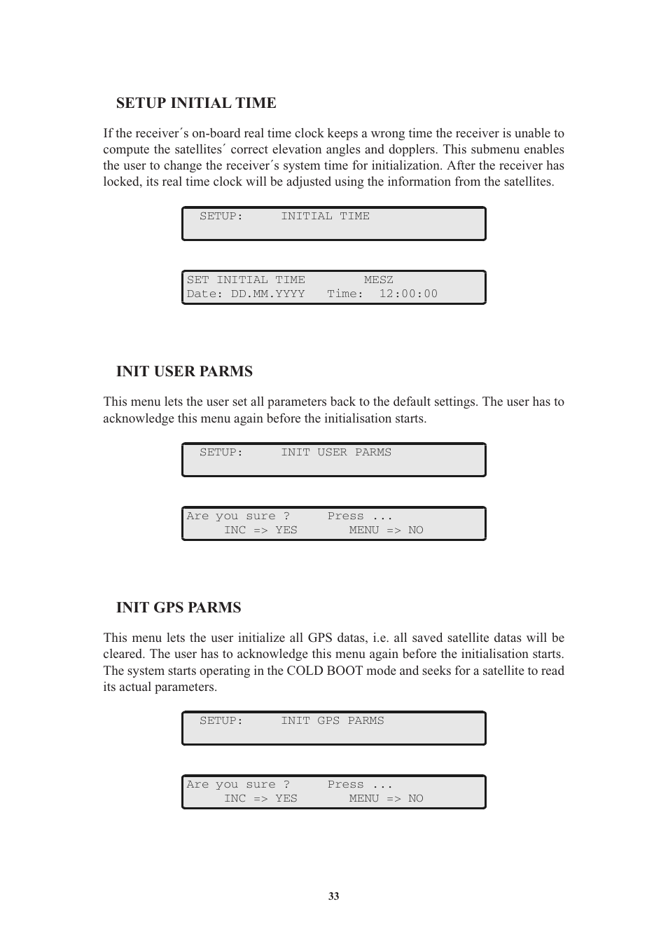 Setup initial time, Init user parms, Init gps parms | Meinberg GPS170LCD-MP User Manual | Page 33 / 68