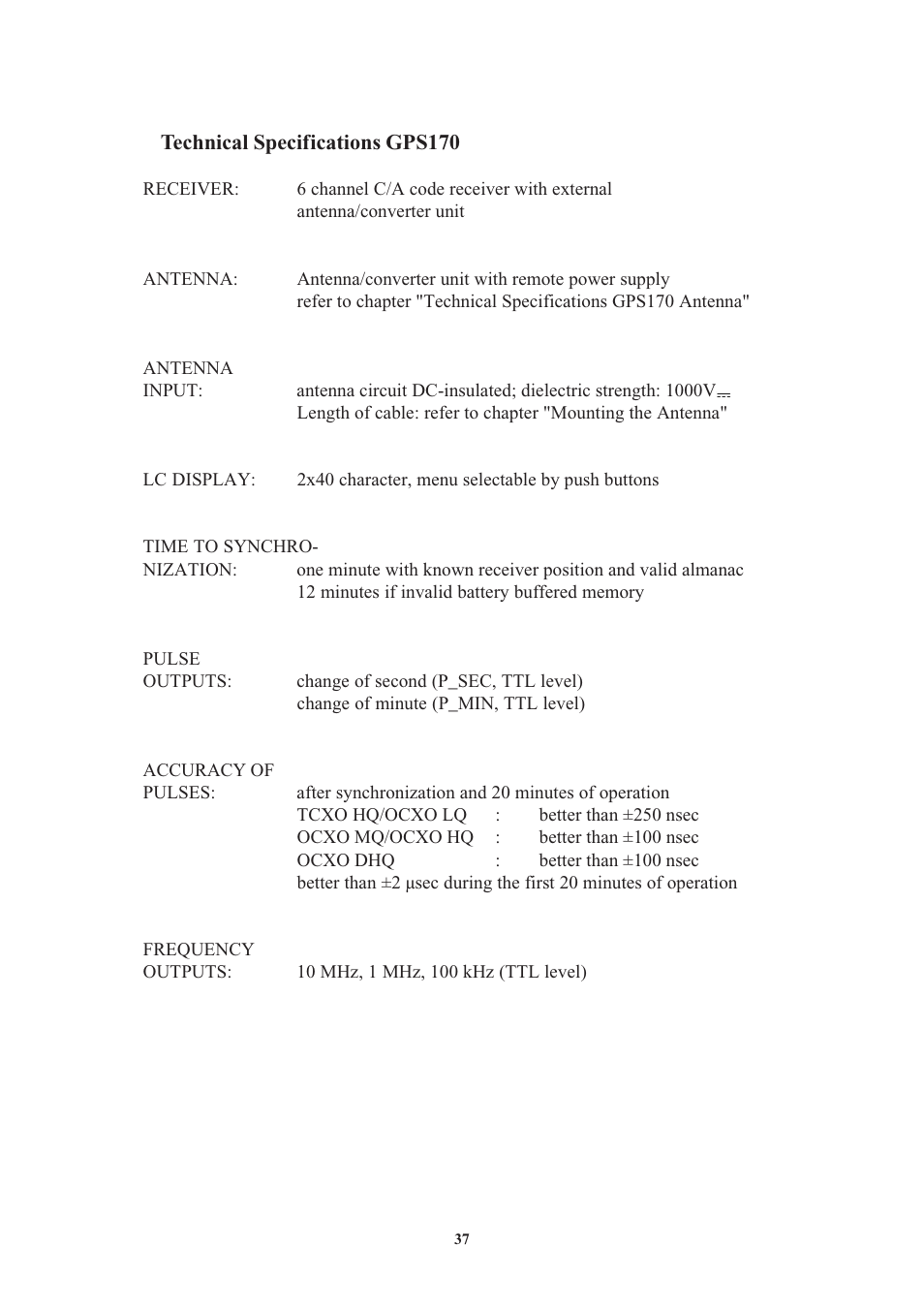 Technical specifications gps170 | Meinberg GPS170LCD-MP User Manual | Page 37 / 68