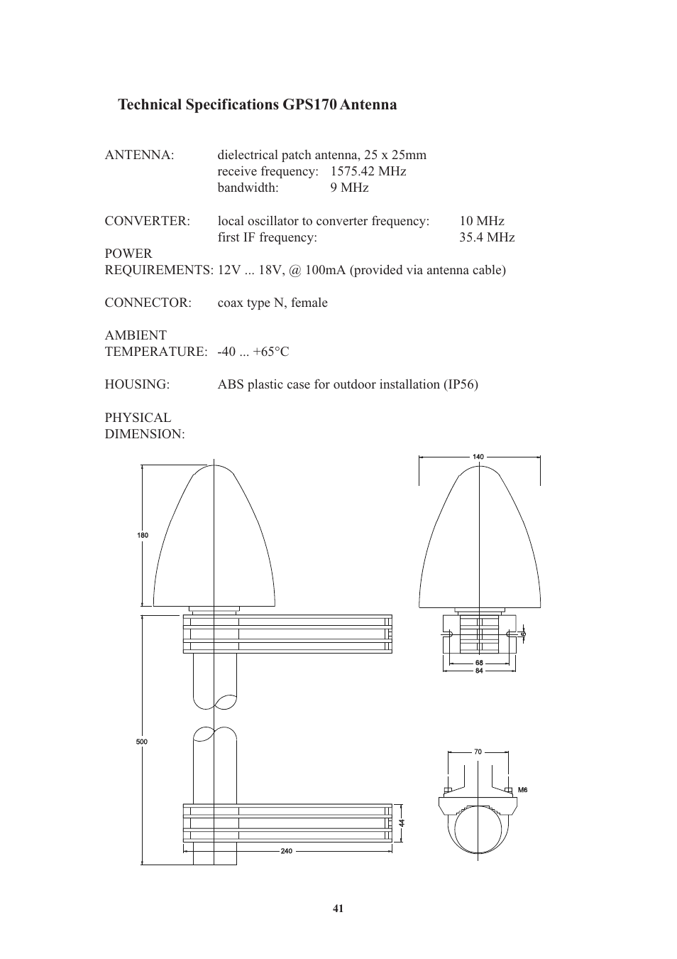 Technical specifications gps170 antenna | Meinberg GPS170LCD-MP User Manual | Page 41 / 68
