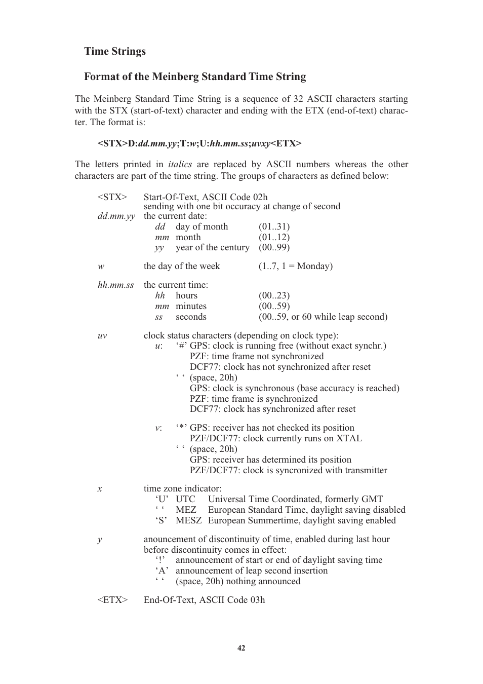 Format of the meinberg standard time string, Time strings | Meinberg GPS170LCD-MP User Manual | Page 42 / 68