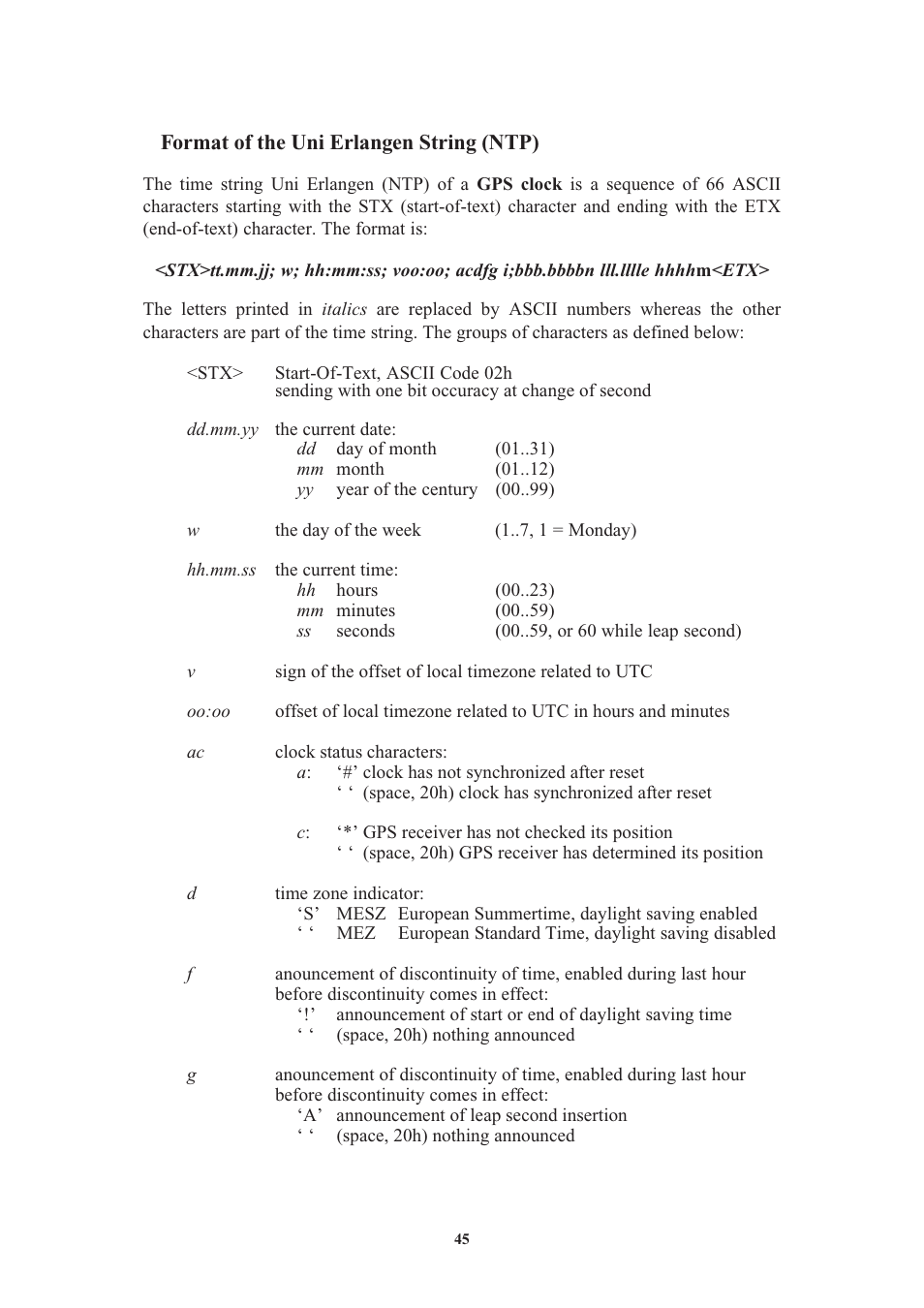 Format of the uni erlangen string (ntp) | Meinberg GPS170LCD-MP User Manual | Page 45 / 68