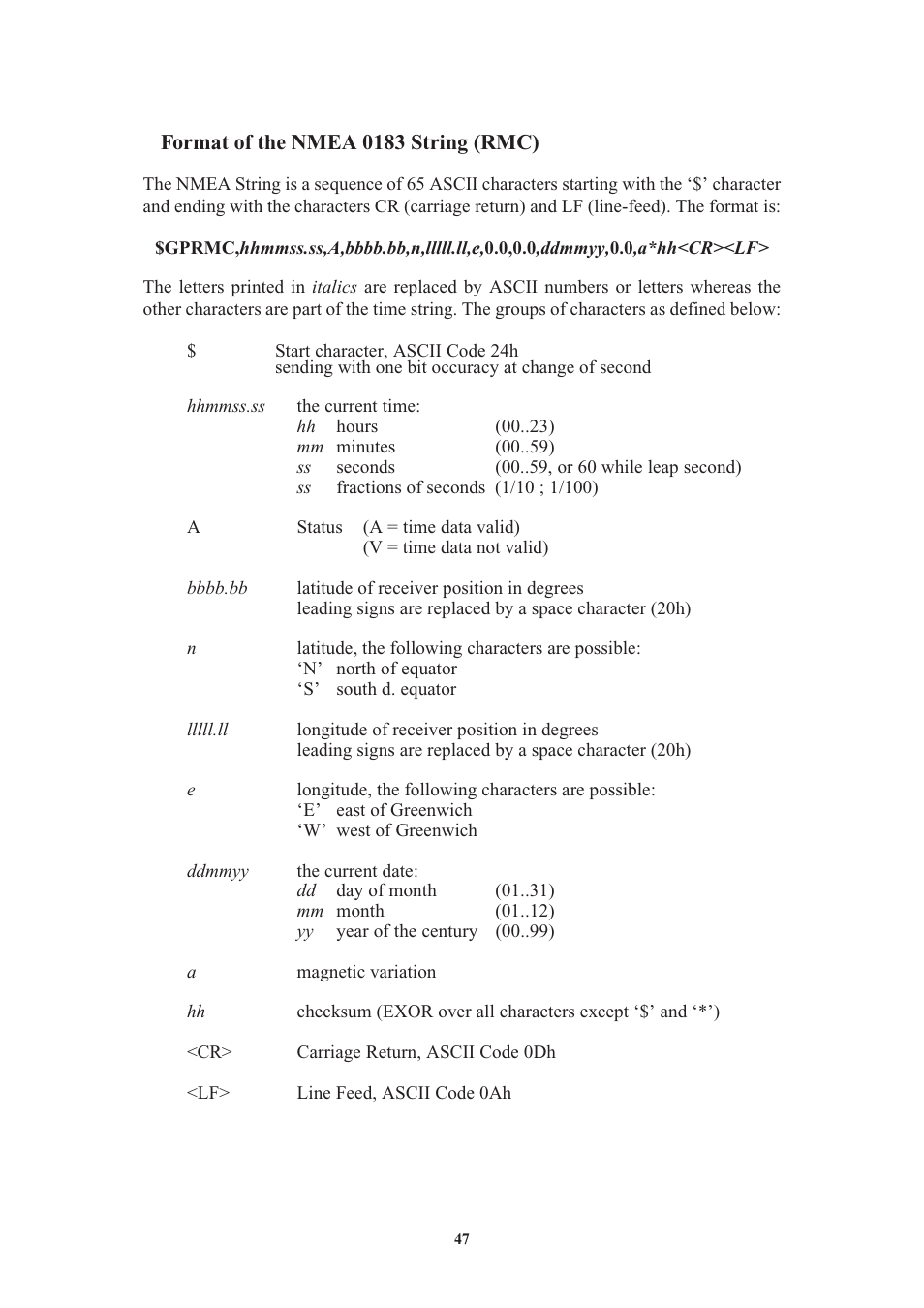 Format of the nmea 0183 string (rmc) | Meinberg GPS170LCD-MP User Manual | Page 47 / 68