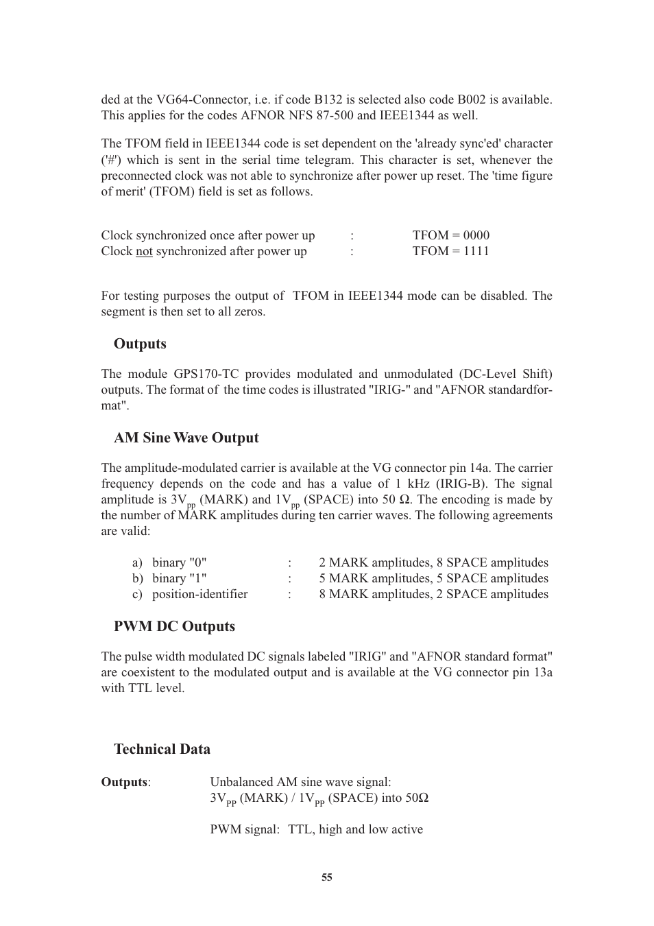 Outputs, Am sine wave output, Pwm dc outputs | Technical data | Meinberg GPS170LCD-MP User Manual | Page 55 / 68