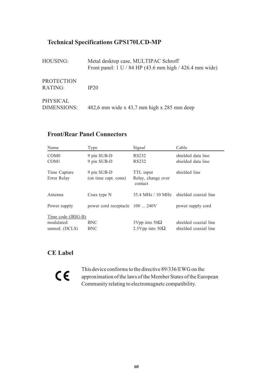 Technical specifications gps170lcd-mp, Front/rear panel connectors, Ce label | Meinberg GPS170LCD-MP User Manual | Page 60 / 68