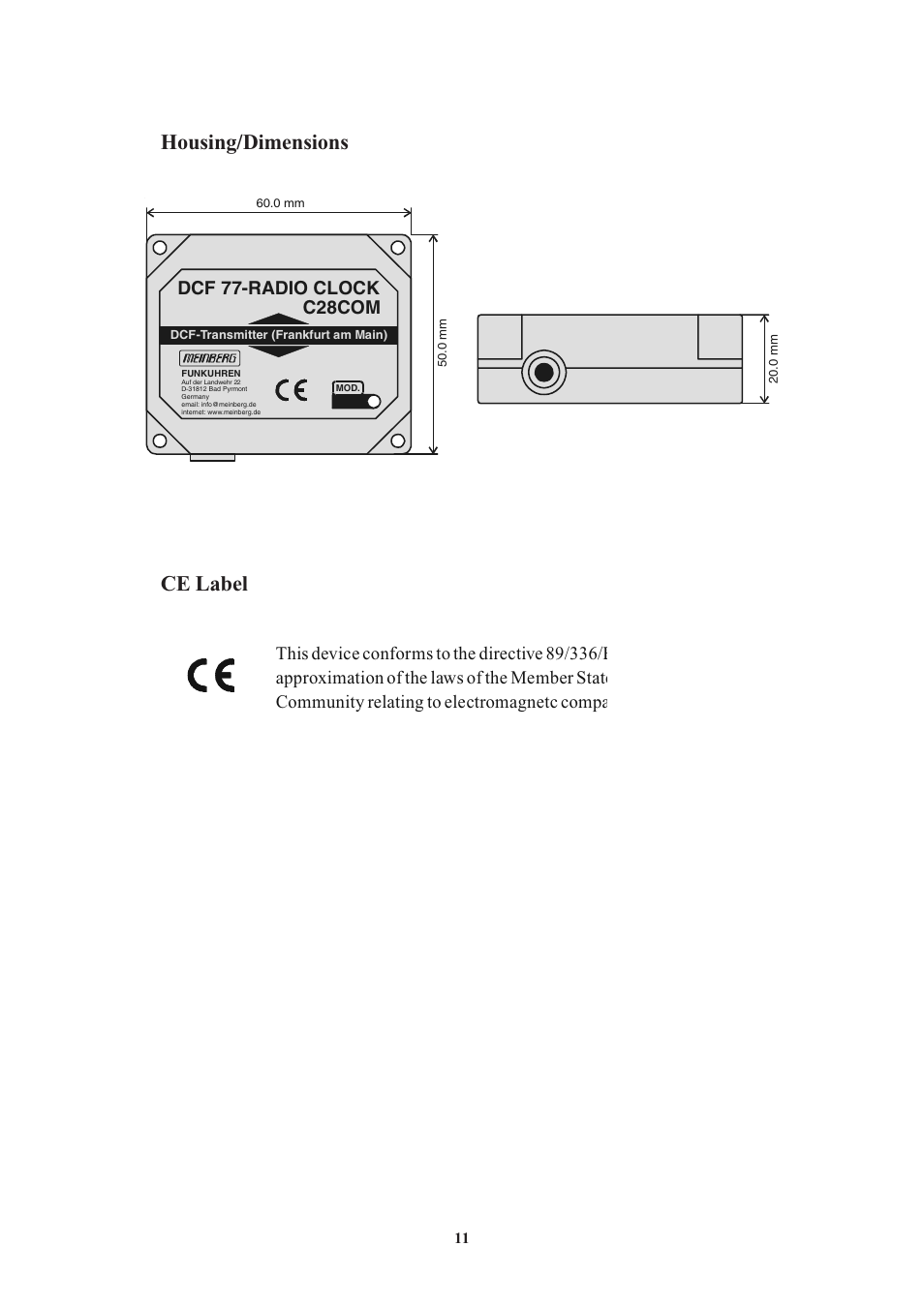 Housing/dimensions, Ce label, Operation under windows95/98 | Dcf 77-radio clock, C28com | Meinberg C28COM User Manual | Page 11 / 22