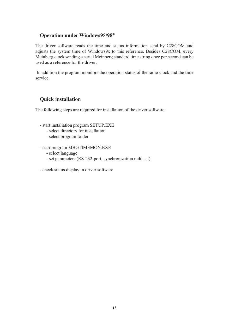 Operation under windows95/98, Quick installation, Detailed installation instructions | Meinberg C28COM User Manual | Page 13 / 22