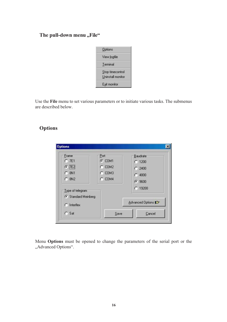 The pull-down menu file, Options, Advanced options | Meinberg C28COM User Manual | Page 16 / 22