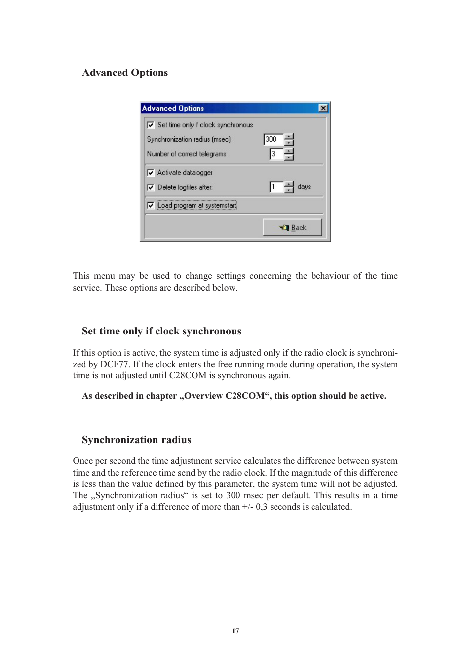 Advanced options, Set time only if clock synchronous, Synchronization radius | Number of correct telegrams | Meinberg C28COM User Manual | Page 17 / 22