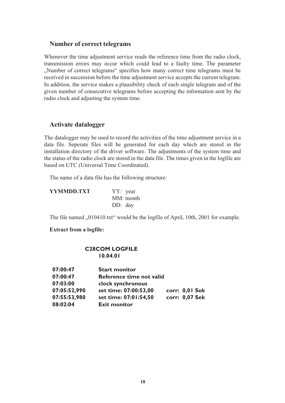 Number of correct telegrams, Activate datalogger, Delete logfiles after * days | Meinberg C28COM User Manual | Page 18 / 22