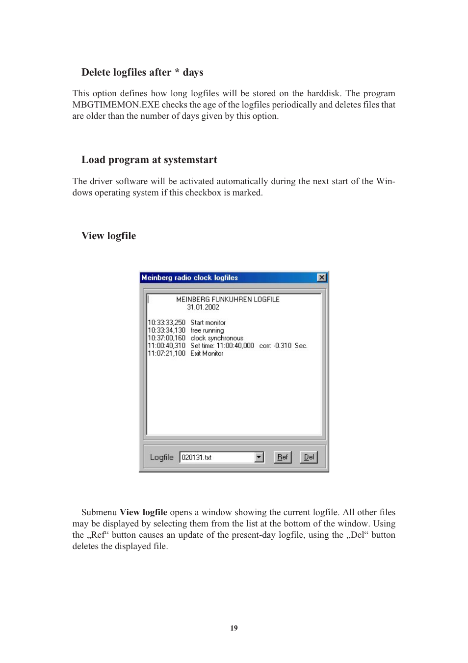 Delete logfiles after * days, Load program at systemstart, View logfile | Terminal | Meinberg C28COM User Manual | Page 19 / 22