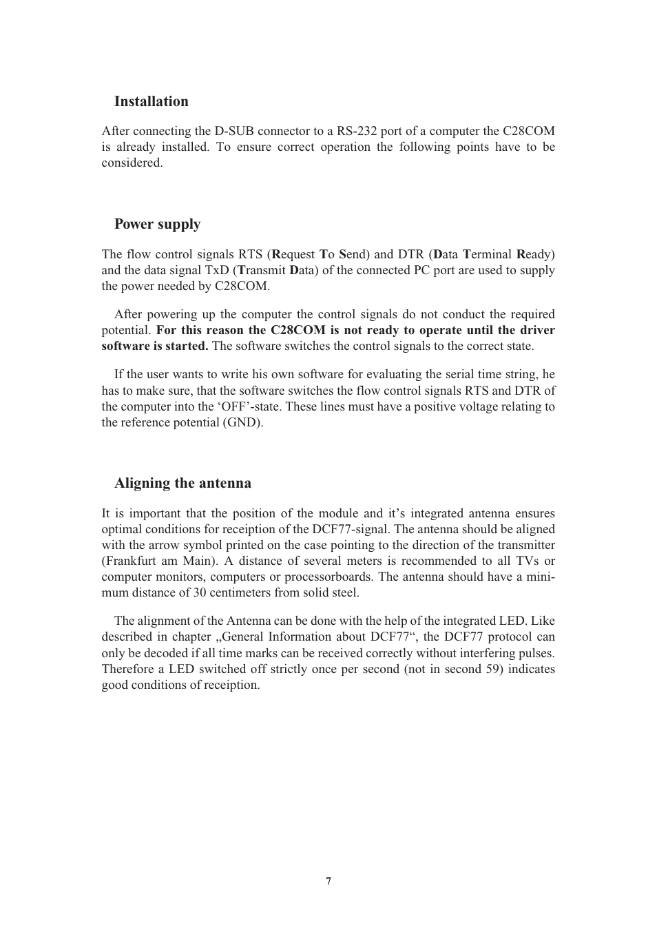 Installation, Power supply, Aligning the antenna | Pin assignment of the 9pin d-sub | Meinberg C28COM User Manual | Page 7 / 22