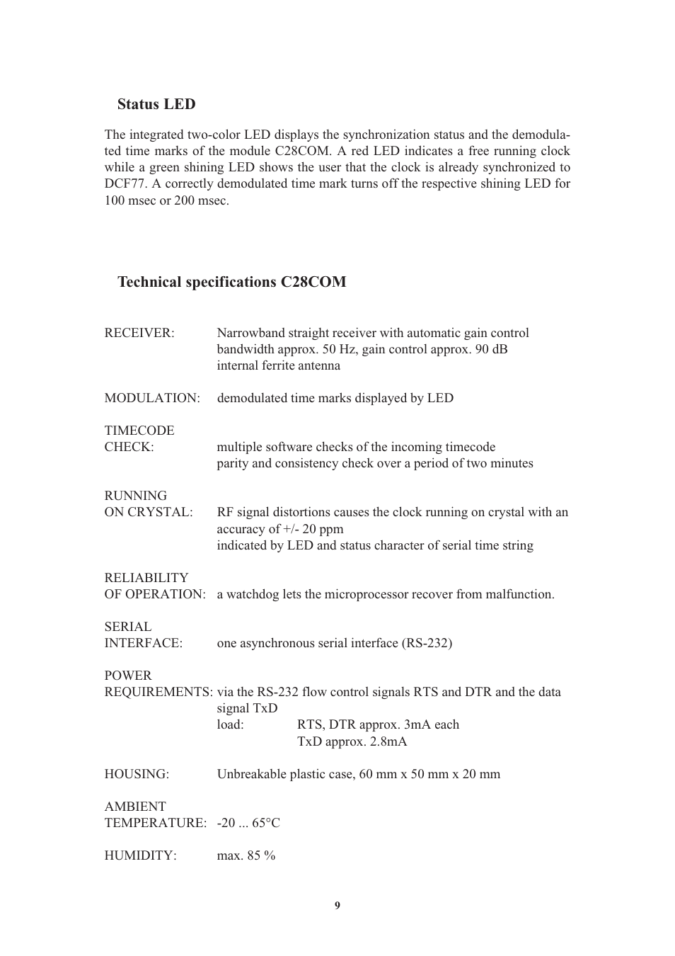 Status led, Technical specifications c28com, Format of the meinberg standard time string | Meinberg C28COM User Manual | Page 9 / 22