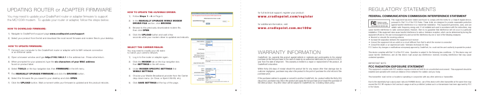 Warranty information, Regulatory statements, Updating router or adapter firmware | Fcc radiation exposure statement | Cradlepoint MC100W User Manual | Page 3 / 3
