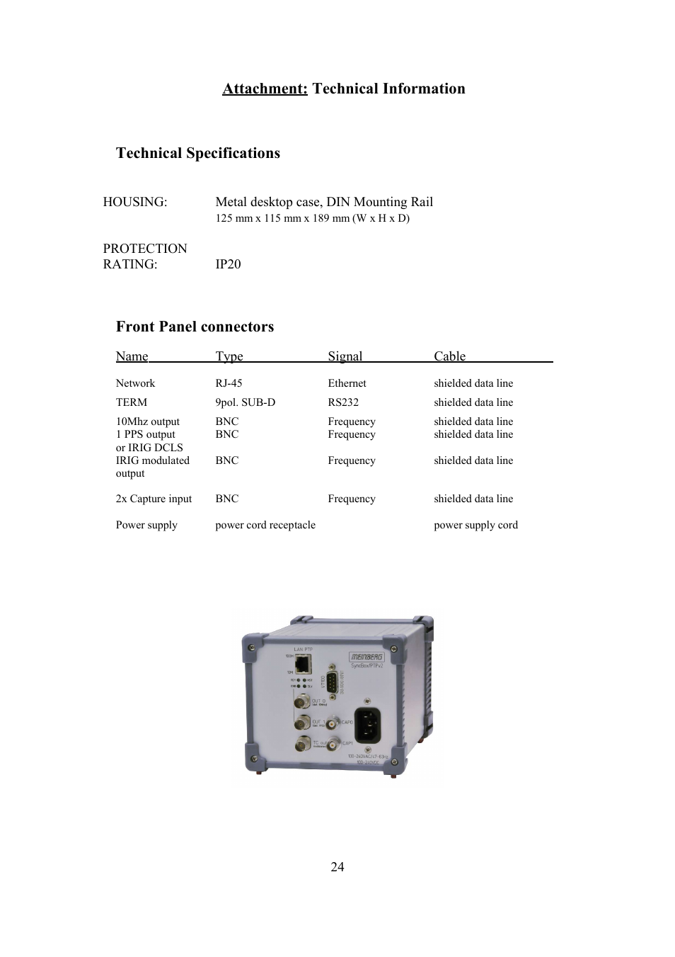 Front panel connectors | Meinberg SyncBox PTPv2 User Manual | Page 24 / 32