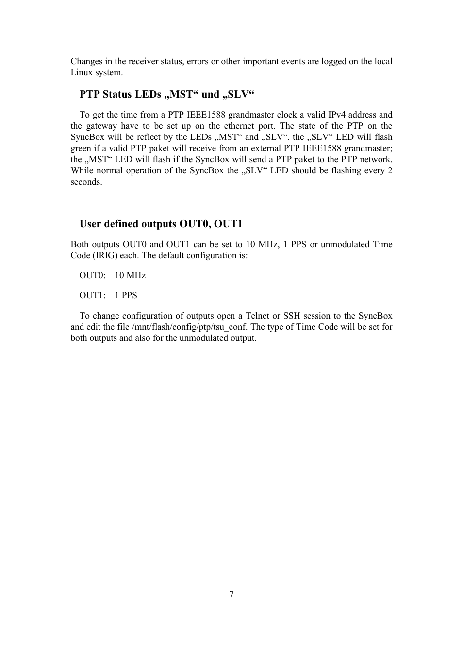 Ptp status leds „mst“ und „slv, User defined outputs out0, out1 | Meinberg SyncBox PTPv2 User Manual | Page 7 / 32