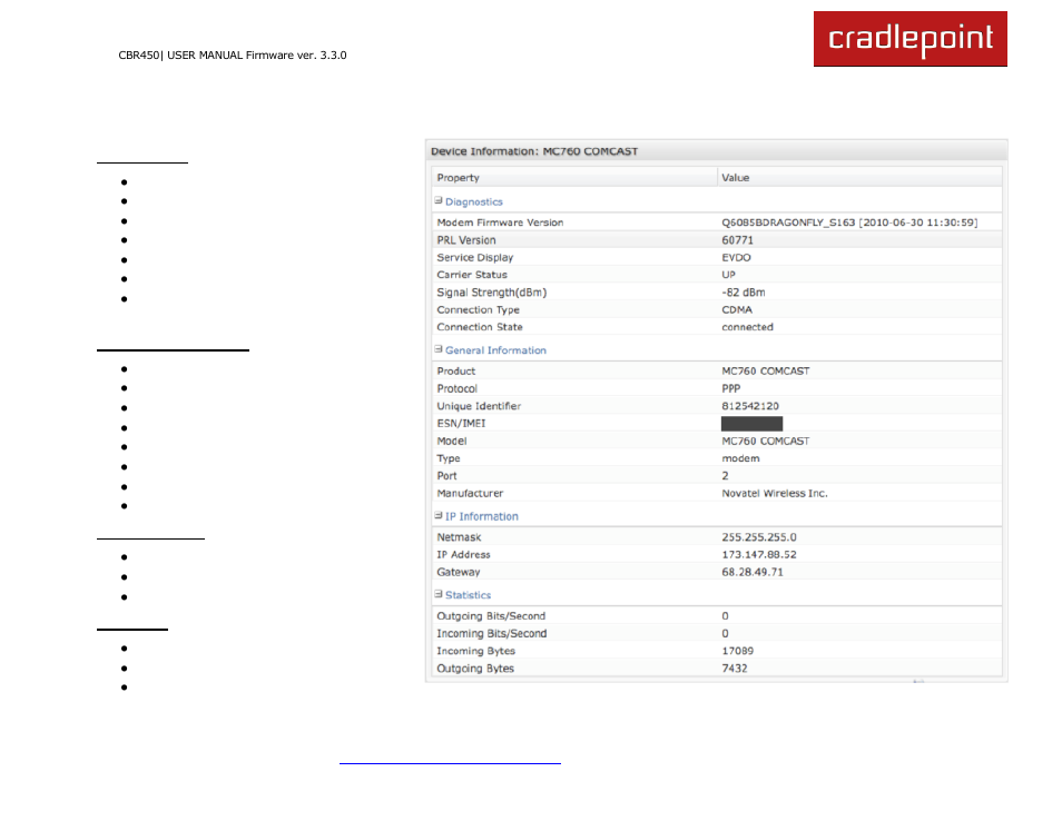 Evdo modem | Cradlepoint CBR450 User Manual | Page 36 / 130