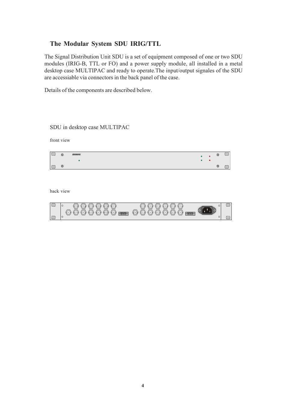 The modular system sdu irig/ttl, Front view, Back view | Meinberg SDU User Manual | Page 4 / 14