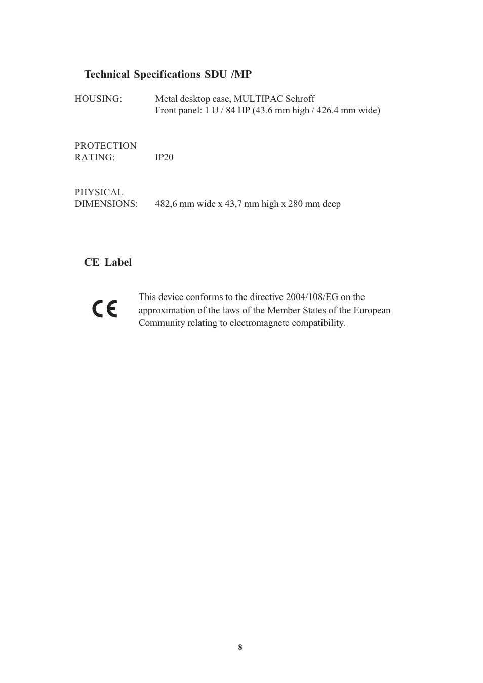 Technical specifications sdu /mp, Ce label | Meinberg SDU User Manual | Page 8 / 14