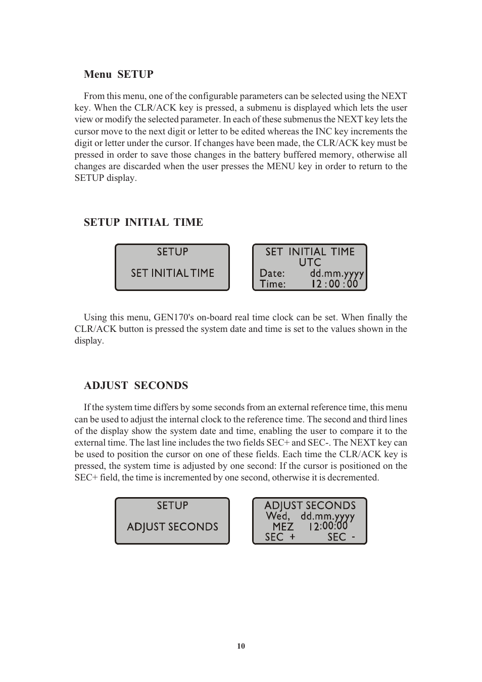 Menu setup, Setup initial time, Adjust seconds | Meinberg GEN170TGP User Manual | Page 10 / 30