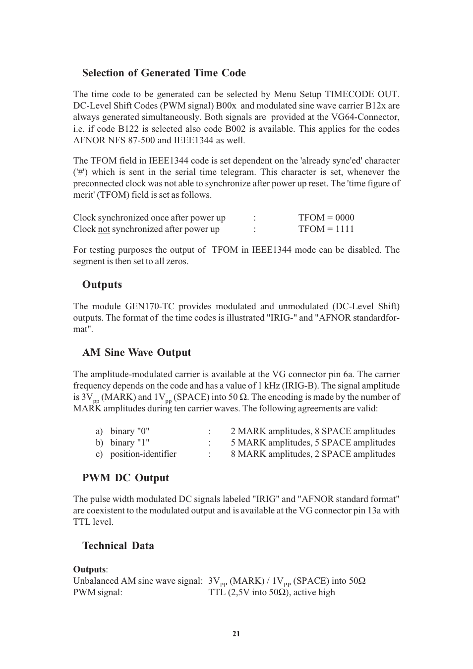 Selection of generated time code, Outputs, Am sine wave output | Pwm dc output, Technical data | Meinberg GEN170TGP User Manual | Page 21 / 30