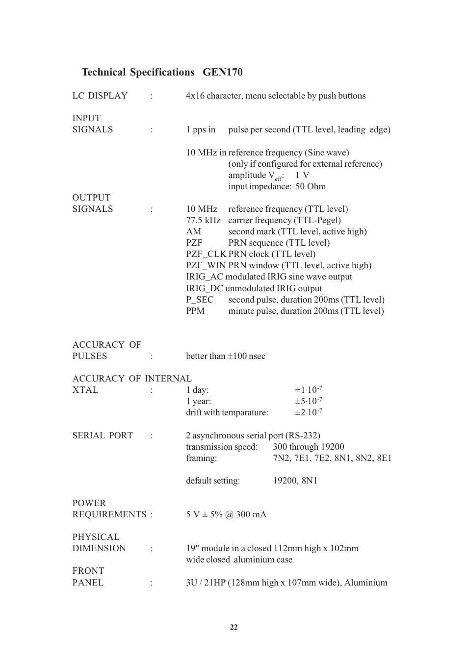 Technical specifications gen170 | Meinberg GEN170TGP User Manual | Page 22 / 30