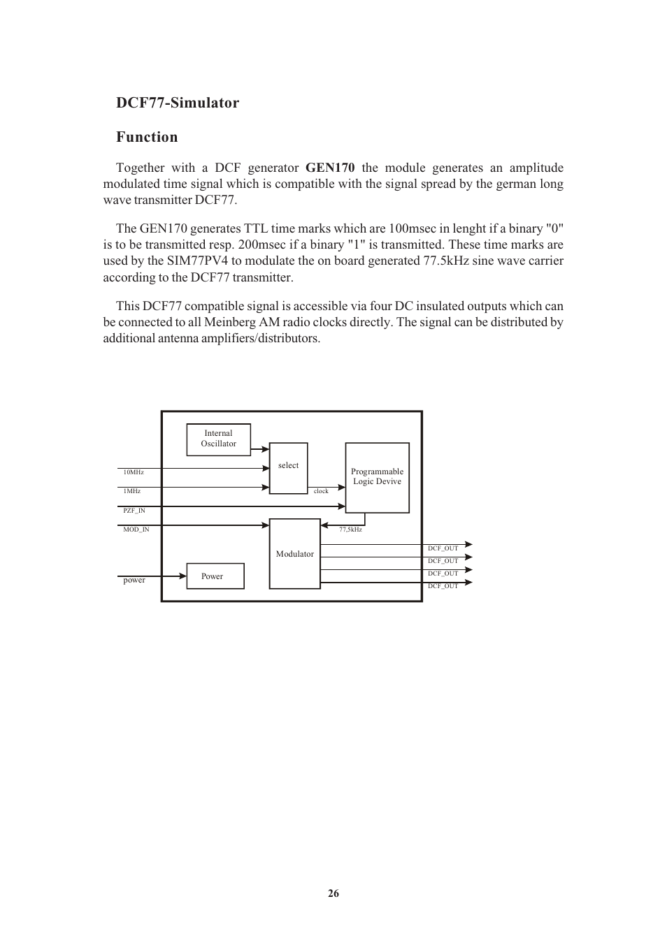 Dcf77-simulator, Function, Dcf77-simulator function | Meinberg GEN170TGP User Manual | Page 26 / 30