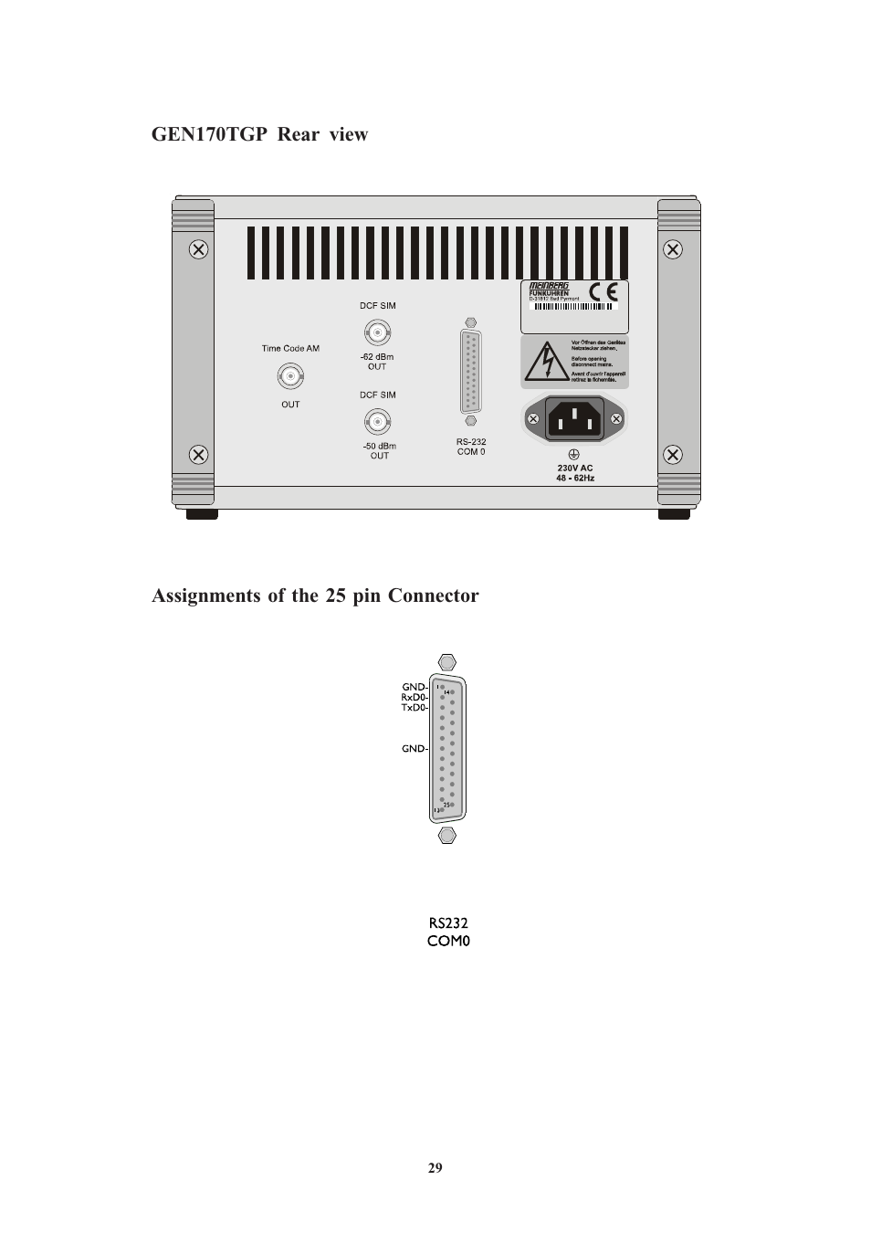 Gen170tgp rear view, Assignments of the 25 pin connector | Meinberg GEN170TGP User Manual | Page 29 / 30