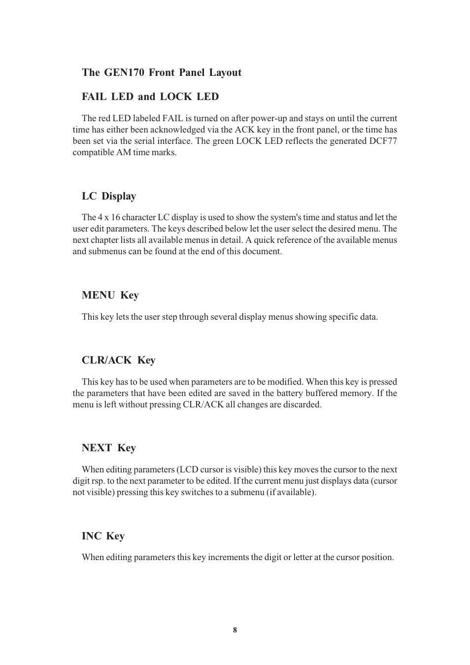 The gen170 front panel layout, Fail led and lock led, Lc display | Menu key, Clr/ack key, Next key, Inc key | Meinberg GEN170TGP User Manual | Page 8 / 30