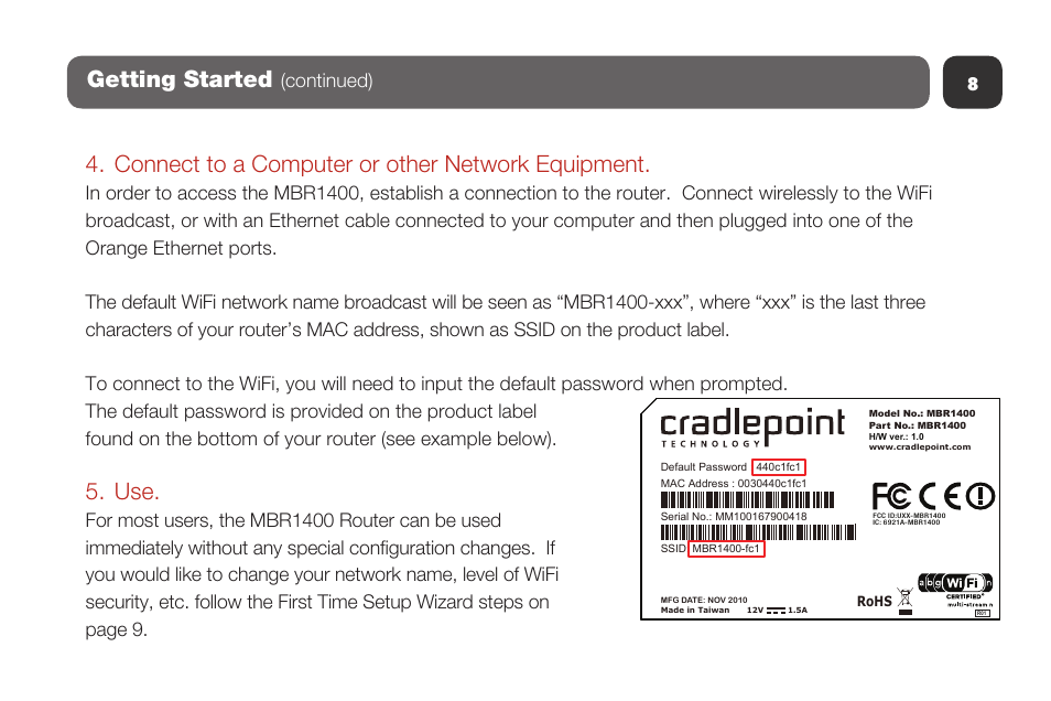 Cradlepoint mbr1400 (slickrock) product label, Getting started, Connect to a computer or other network equipment | Continued) | Cradlepoint MBR1400 User Manual | Page 10 / 20