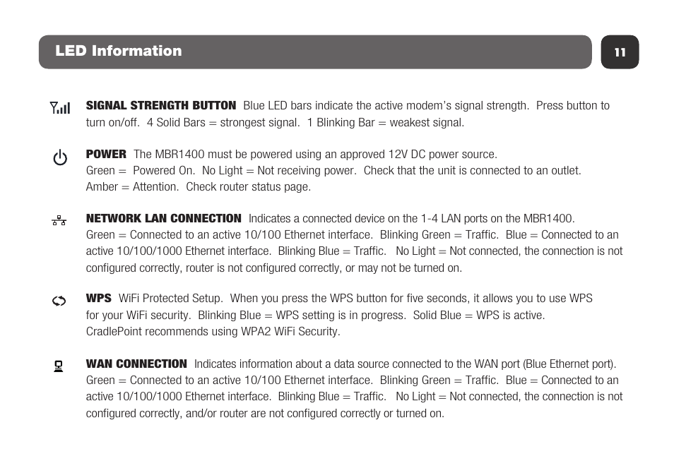 Led information | Cradlepoint MBR1400 User Manual | Page 13 / 20