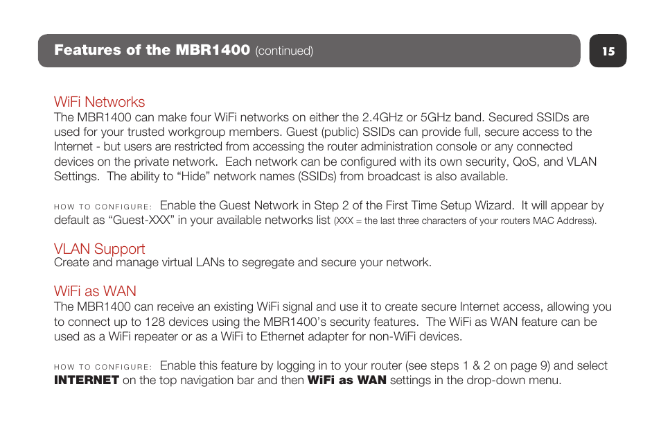 Features of the mbr1400, Wifi networks, Vlan support | Wifi as wan | Cradlepoint MBR1400 User Manual | Page 17 / 20