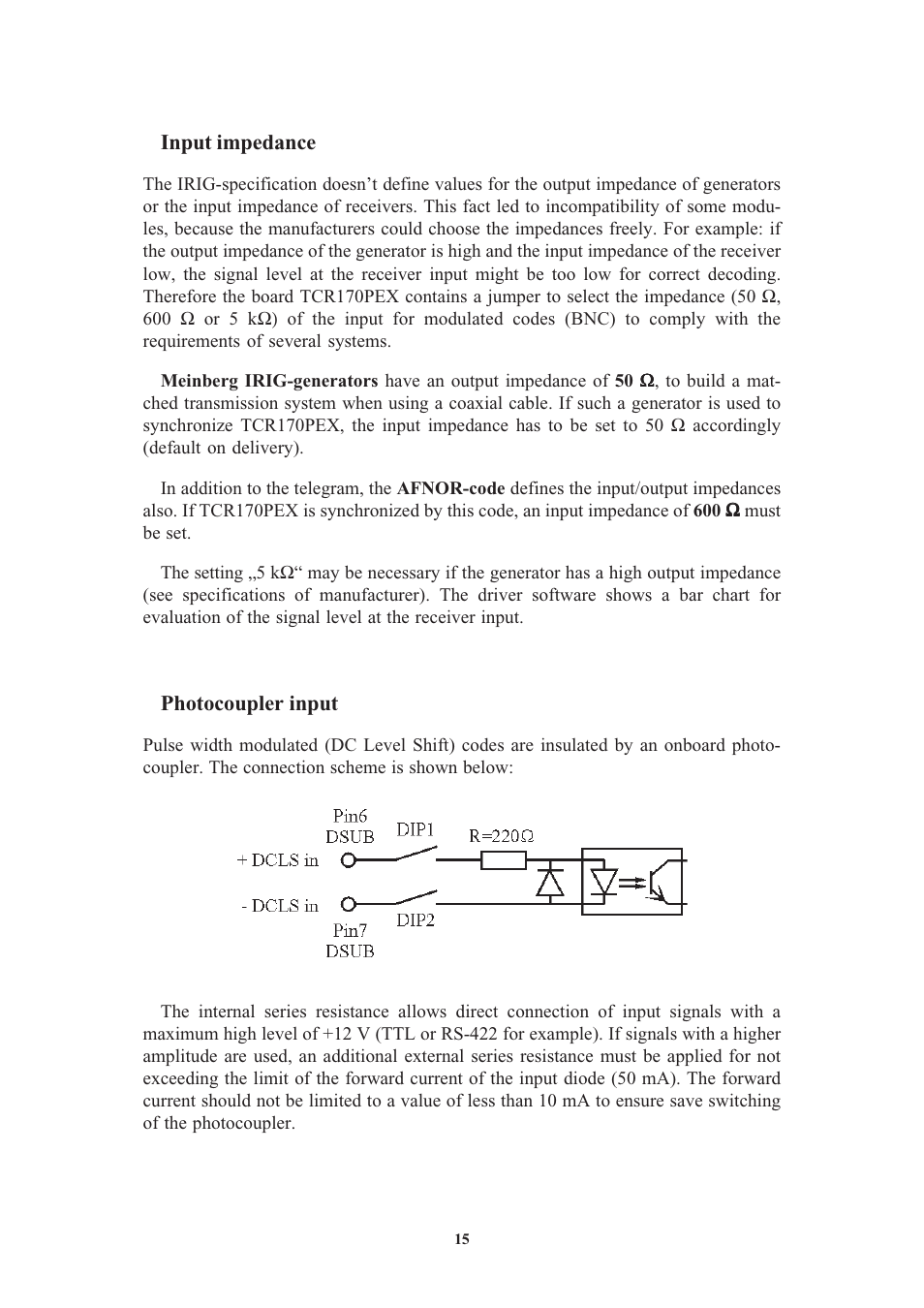 Input impedance, Photocoupler input | Meinberg TCR170PEX User Manual | Page 15 / 36