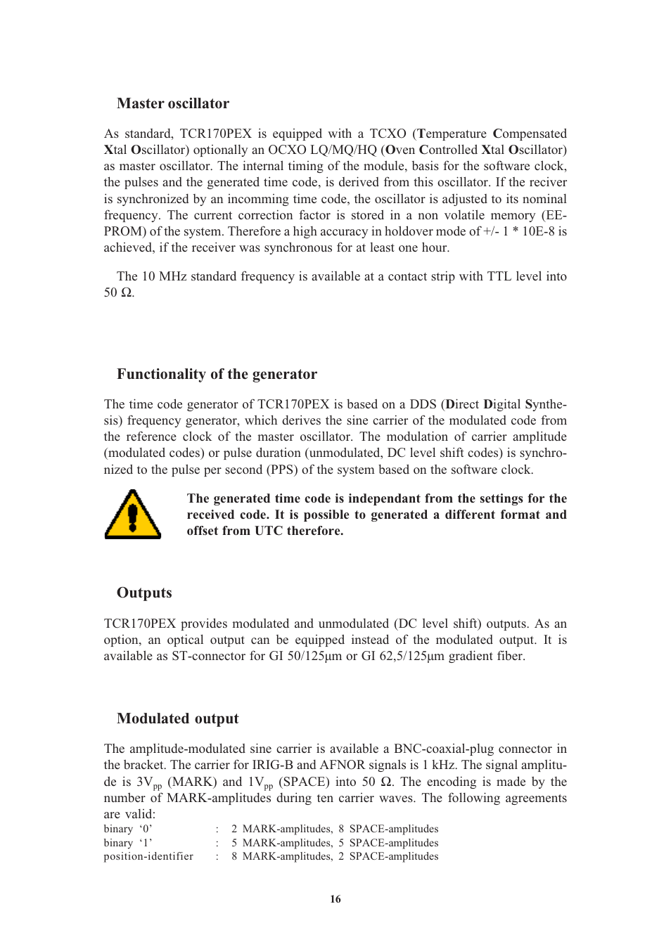 Master oscillator, Functionality of the generator, Outputs | Modulated output, Unmodulated outputs | Meinberg TCR170PEX User Manual | Page 16 / 36